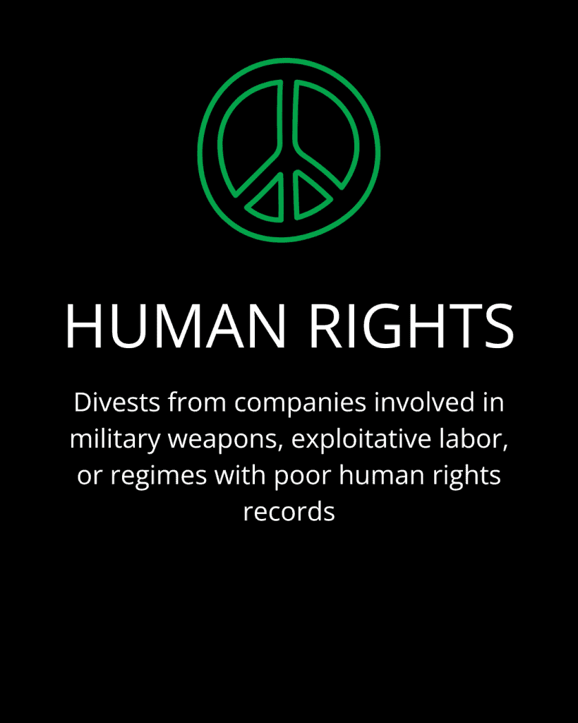 Human Rights Divests from companies involved in military weapons, exploitative labor, or regimes with poor human rights records